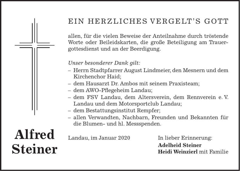Traueranzeige Alfred Steiner