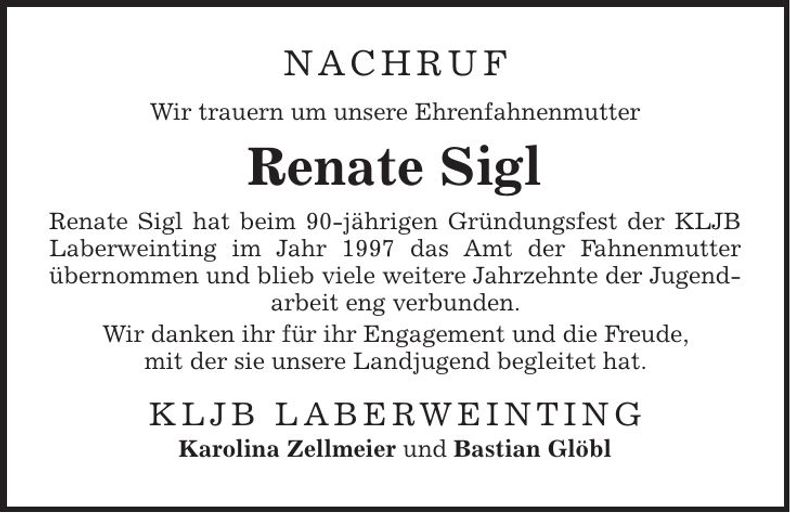 Traueranzeige Renate Sigl