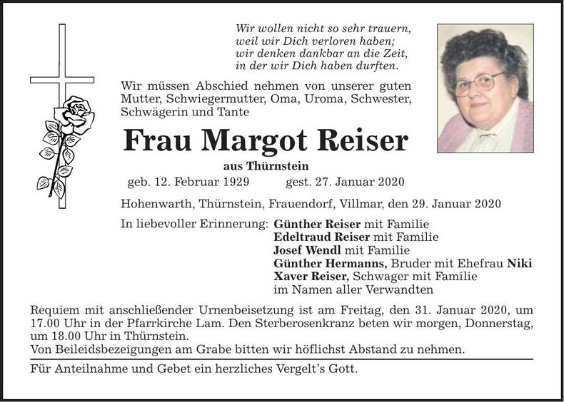 Traueranzeige Margot Reiser