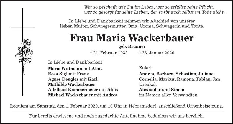 Traueranzeige Maria Wackerbauer