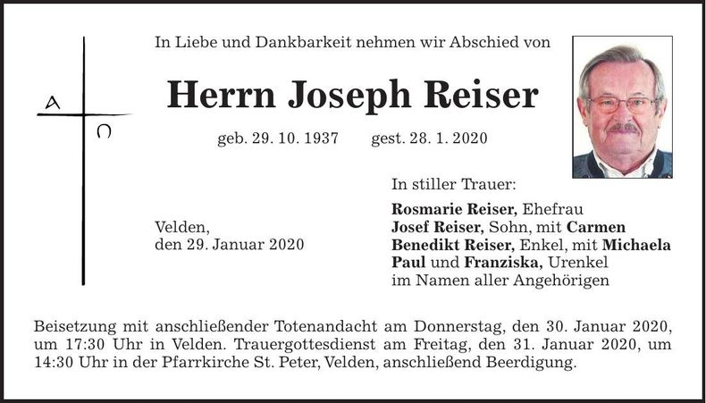 Traueranzeige Joseph Reiser