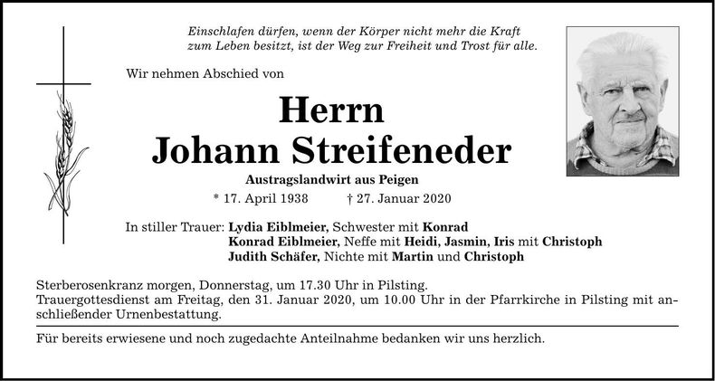 Traueranzeige Johann Streifeneder