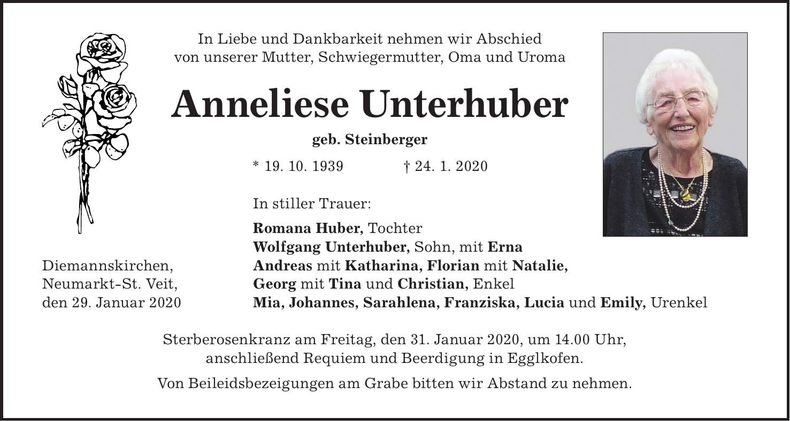 Traueranzeige Anneliese Unterhuber