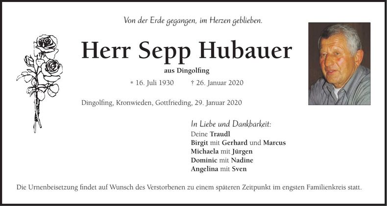 Traueranzeige Sepp Hubauer
