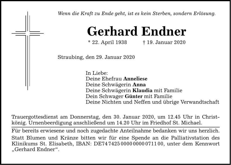 Traueranzeige Gerhard Endner