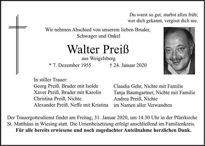 Traueranzeige Preiß Walter
