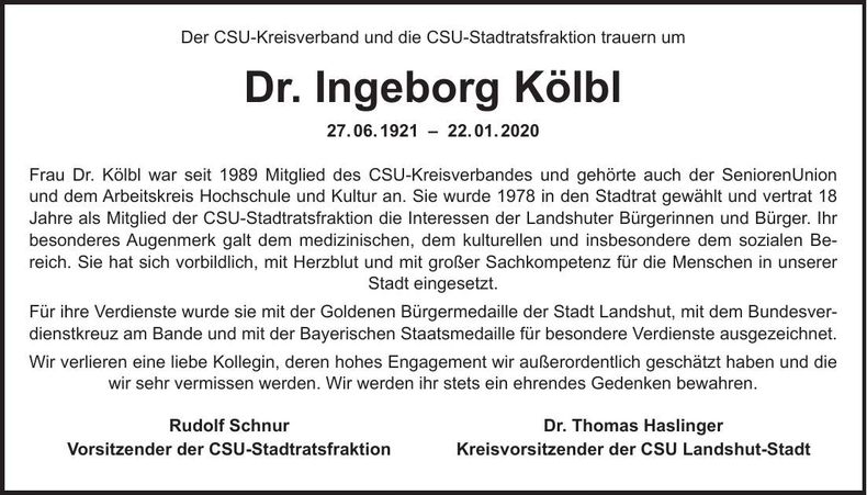 Traueranzeige Ingeborg Kölbl