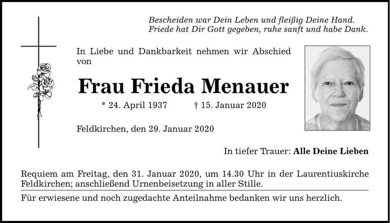 Traueranzeige Frieda Menauer
