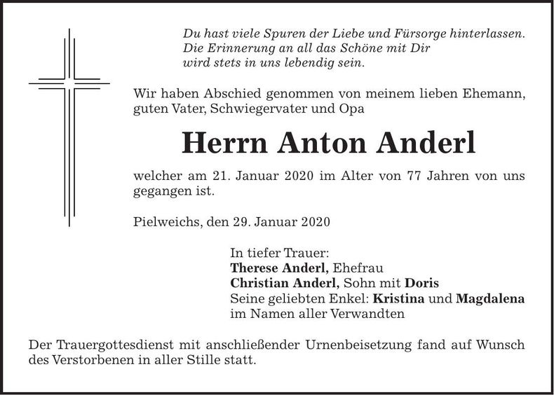 Traueranzeige Anton Anderl