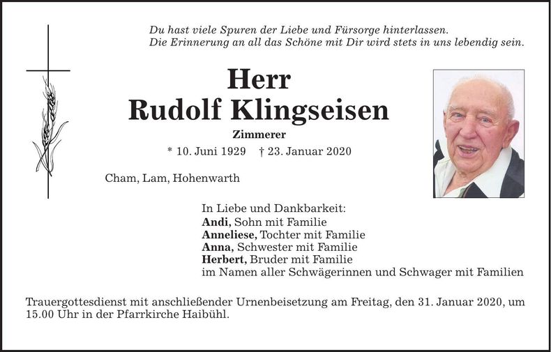 Traueranzeige Rudolf Klingseisen