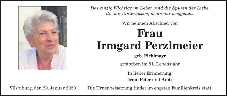 Traueranzeige Irmgard Perzlmeier