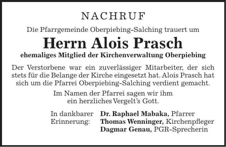 Traueranzeige Alois Prasch