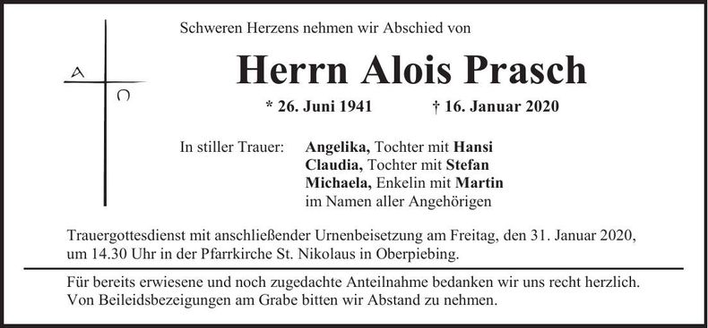 Traueranzeige Alois Prasch