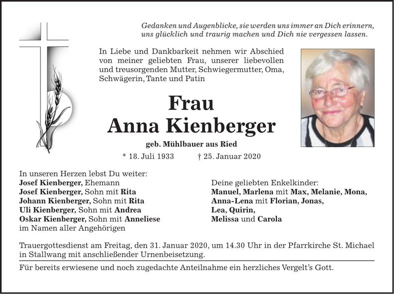 Traueranzeige Anna Kienberger