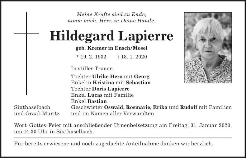 Traueranzeige Hildegard Lapierre