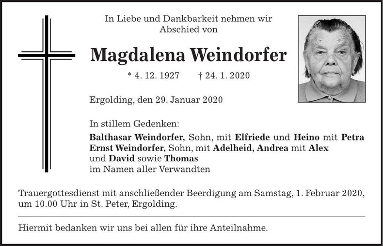 Traueranzeige Magdalena Weindorfer