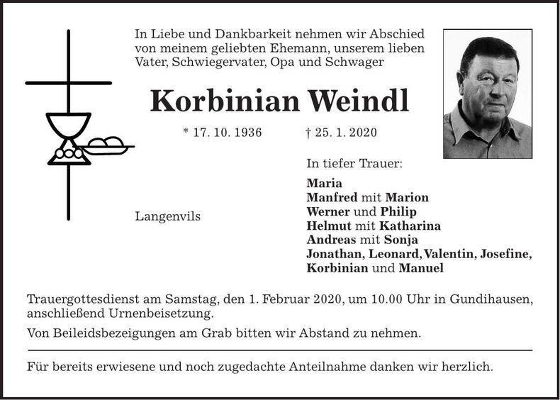 Traueranzeige Korbinian Weindl