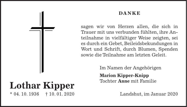 Traueranzeige Lothae Kipper