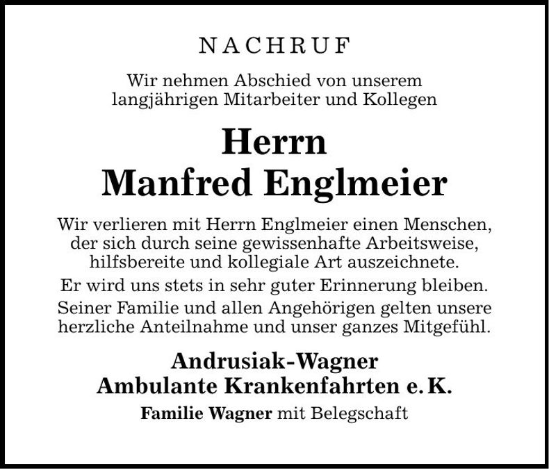 Traueranzeige Manfred Englmeier