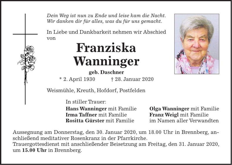 Traueranzeige Franziska Wanninger