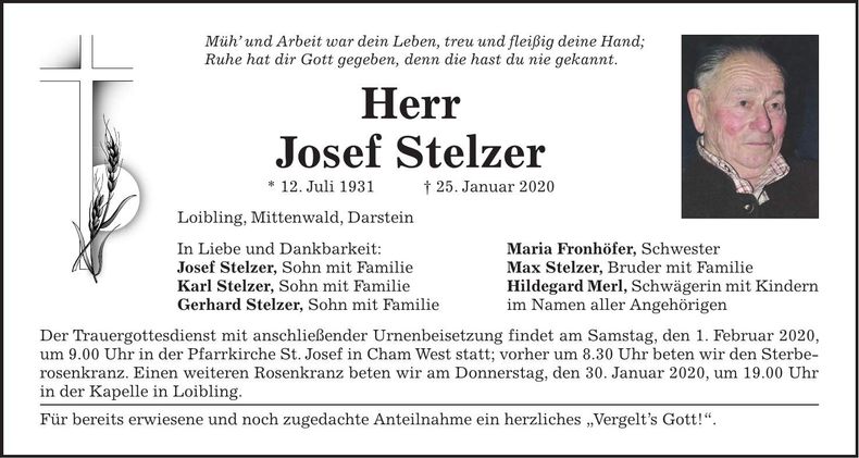 Traueranzeige Josef Stelzer