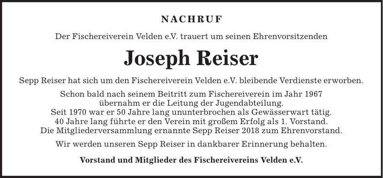Traueranzeige Joseph Reiser