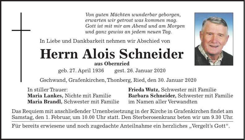 Traueranzeige Alois Schneider