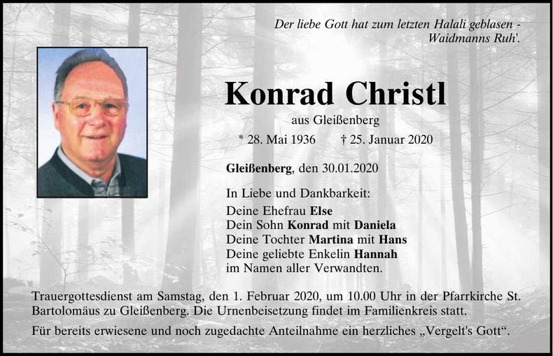 Traueranzeige Konrad Christl