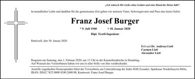 Traueranzeige Josef Burger
