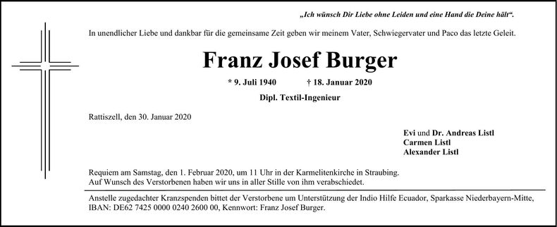 Traueranzeige Josef Burger