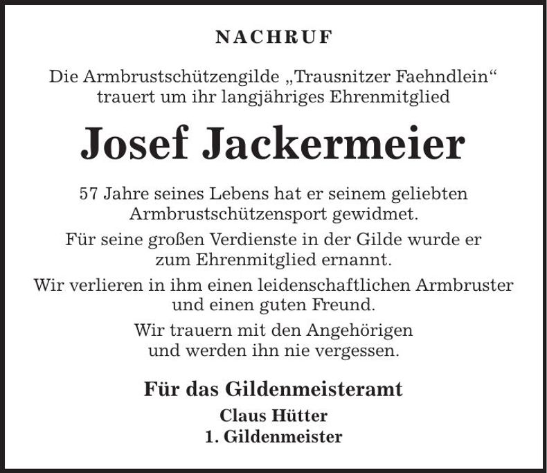 Traueranzeige Josef Jackermeier