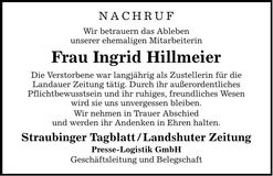Traueranzeige Ingrid Hillmeier