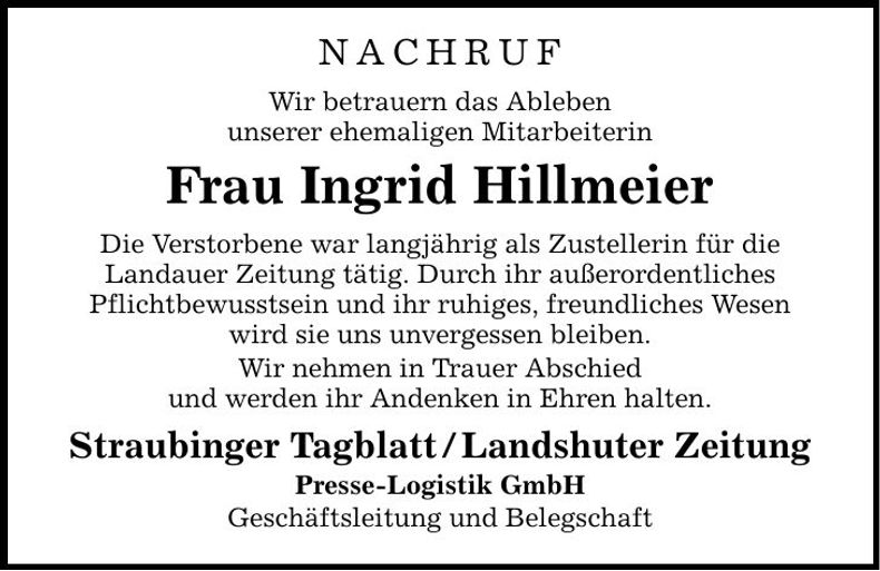 Traueranzeige Ingrid Hillmeier