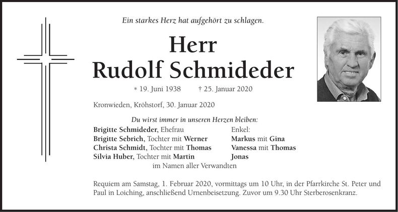 Traueranzeige Rudolf Schmideder