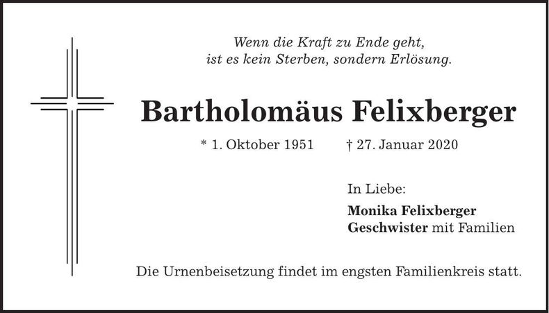 Traueranzeige Bartholomäus Felixberger