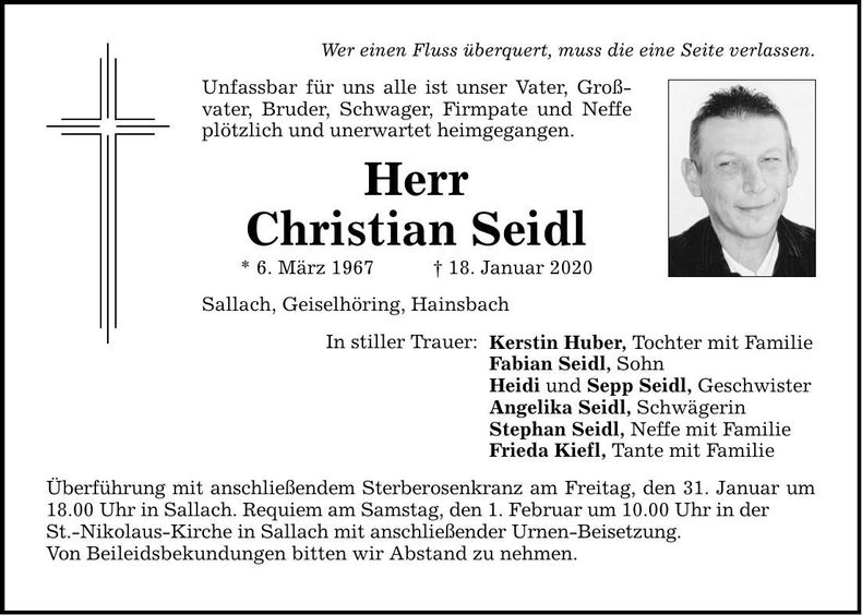 Traueranzeige Christian Seidl
