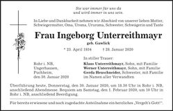Traueranzeige Ingeborg Unterreithmayr