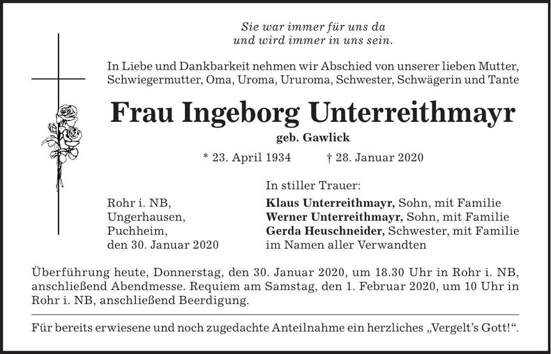 Traueranzeige Ingeborg Unterreithmayr