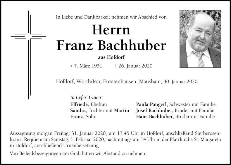 Traueranzeige Franz Bachhuber
