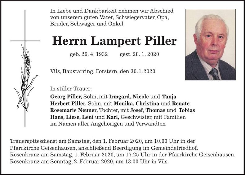 Traueranzeige Lampert Piller