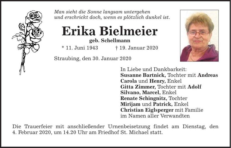 Traueranzeige Erika Bielmeier