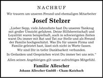 Traueranzeige Josef Stelzer