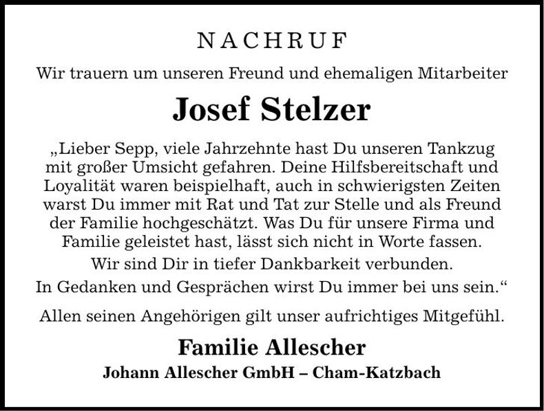 Traueranzeige Josef Stelzer