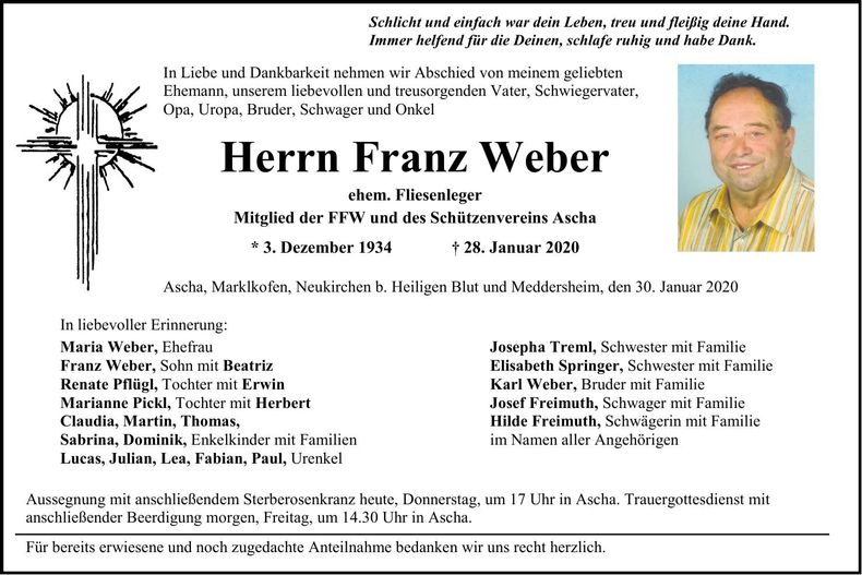 Traueranzeige Franz Weber
