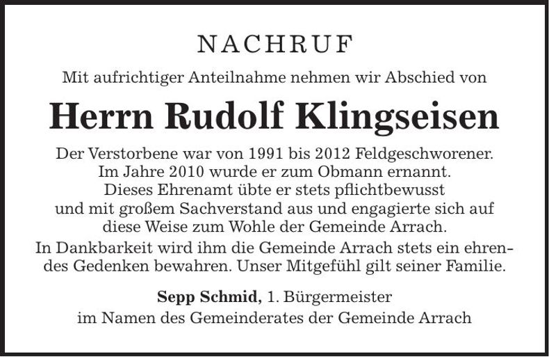 Traueranzeige Rudolf Klingseisen