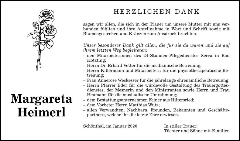 Traueranzeige Margareta Heimerl
