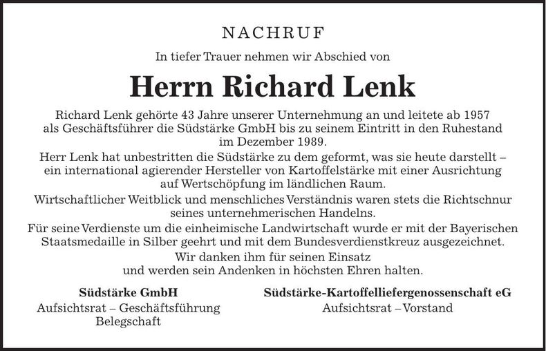 Traueranzeige Richard Lenk