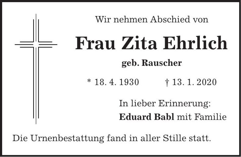Traueranzeige Zita Ehrlich