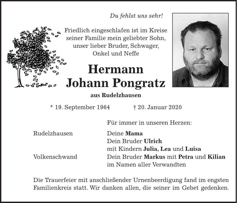 Traueranzeige Hermann Johann Pongratz