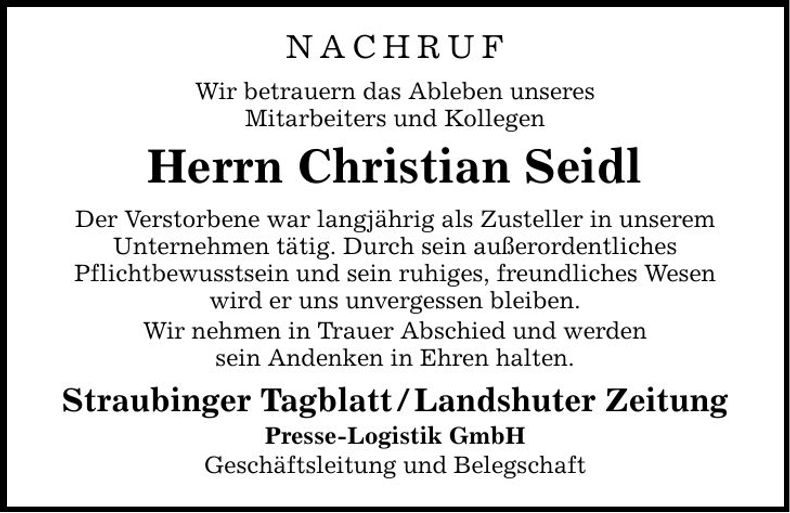 Traueranzeige Christian Seidl